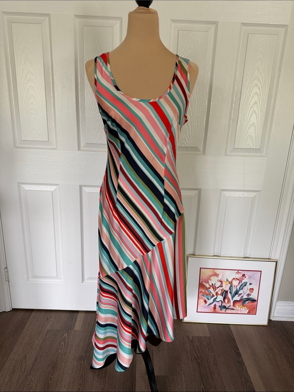 Colorful Striped Sleeveless Midi Dress in Coral, Teal Satin Asymmetrical